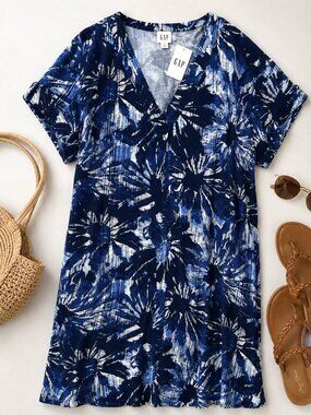 GAP Blue Tropical Print Shift Dress NWT Medium Rayon Vacation Dress